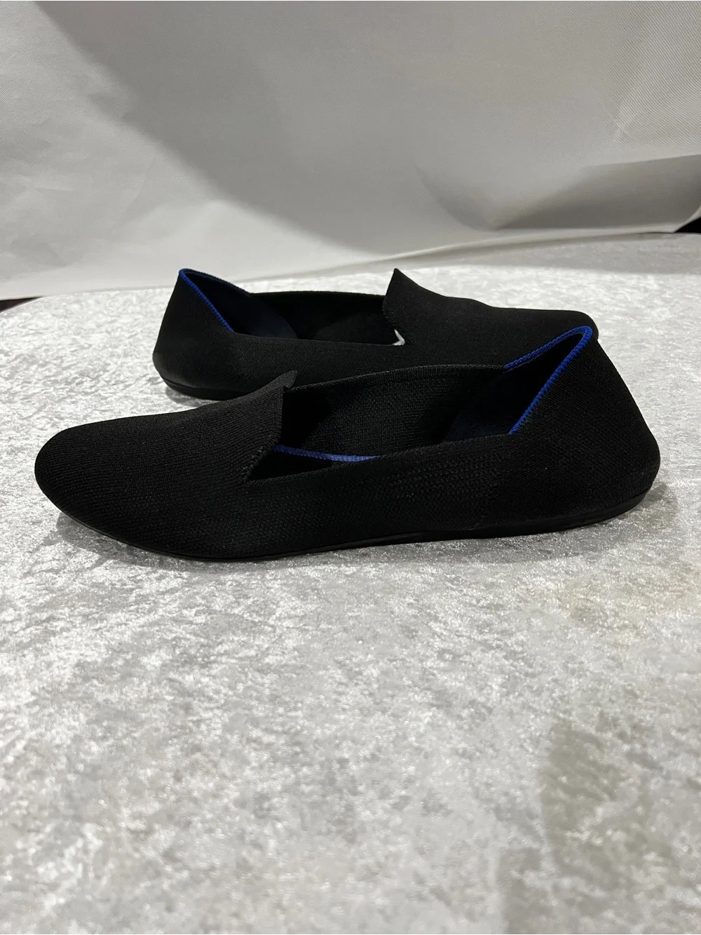 Rothy’s The Loafer Flats Black/Blue Detail Size 11.5 Knit Stretchy Slip-On Comfy